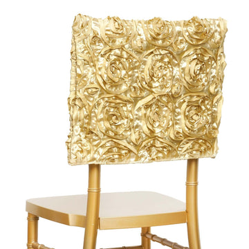 Captivate Your Guests with Champagne Satin Rosette Chiavari Chair Caps