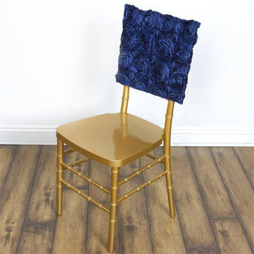 Elevate Your Event with Navy Blue Satin Rosette Chiavari Chair Caps