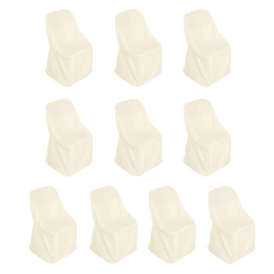 Set of ten cream dining chair covers on a white background