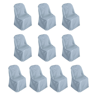 Set of 10 blue chair covers on a plain background
