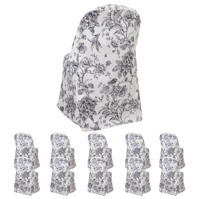 10 Pack Polyester Folding Chair Covers – White Black French Toile Pattern, Reusable Stain-Resistant Slip-On Slipcovers