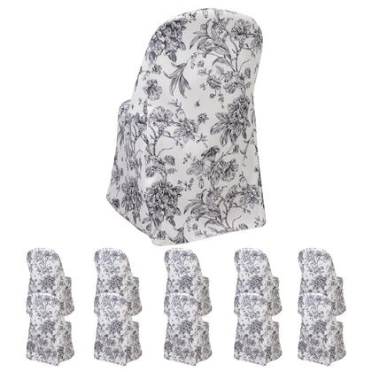 10 Pack Polyester Folding Chair Covers – White Black French Toile Pattern, Reusable Stain-Resistant Slip-On Slipcovers