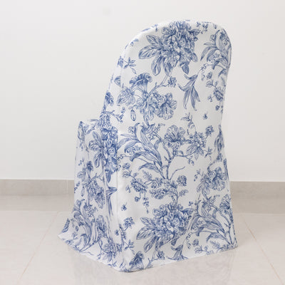 Floral-patterned chair cover in blue and white fabric