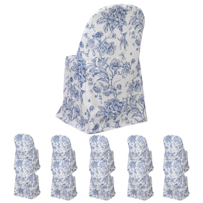 10 Pack Polyester Folding Chair Covers – White Blue French Toile Pattern, Reusable Stain-Resistant Slip-On Slipcovers