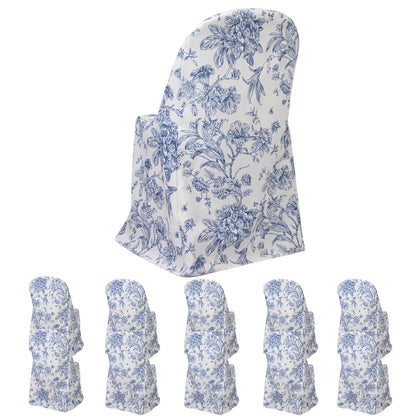 10 Pack Polyester Folding Chair Covers – White Blue French Toile Pattern, Reusable Stain-Resistant Slip-On Slipcovers