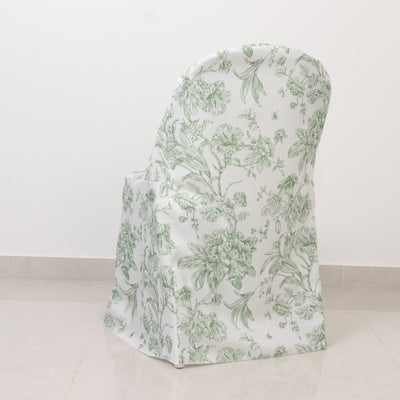 Floral-patterned chair cover in green and white on a neutral background.