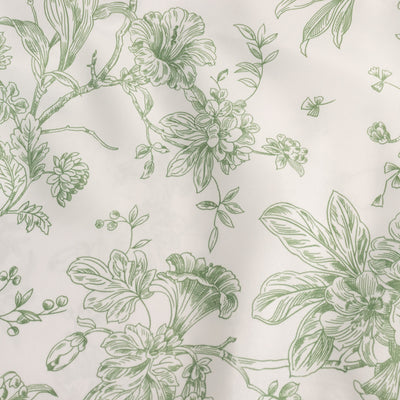 Green floral pattern on a white fabric background. #whtbkgd