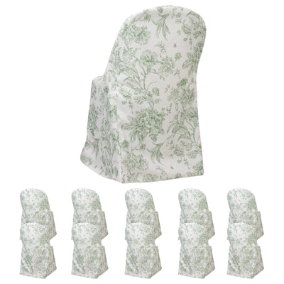 10 Pack Polyester Folding Chair Covers – White Dusty Sage Green French Toile Pattern, Reusable Stain-Resistant Slip-On Slipcovers