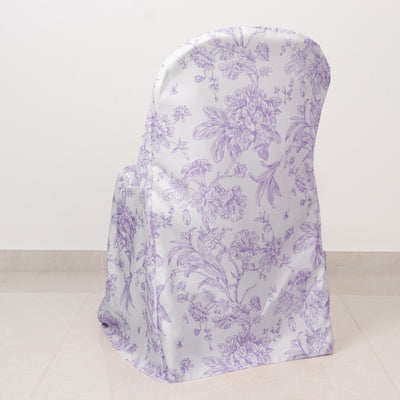 Elegant floral-patterned chair cover in lavender and white fabric design.