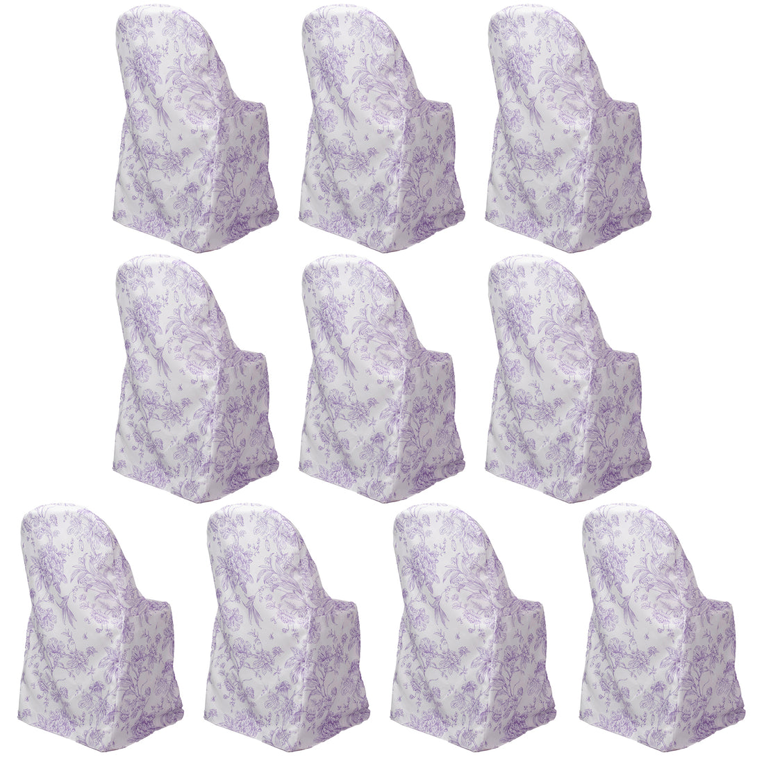Set of ten floral-patterned chair covers on a white background.