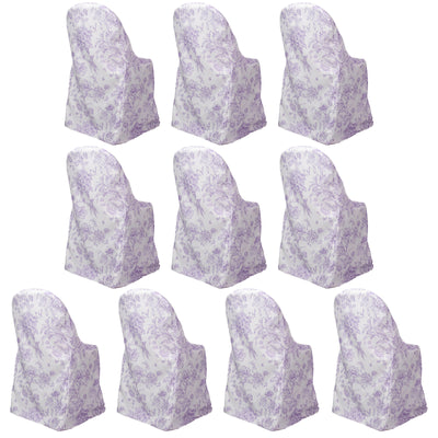 10 Pack Polyester Folding Chair Covers – White Lavender Lilac French Toile Pattern, Reusable Stain-Resistant Slip-On Slipcovers