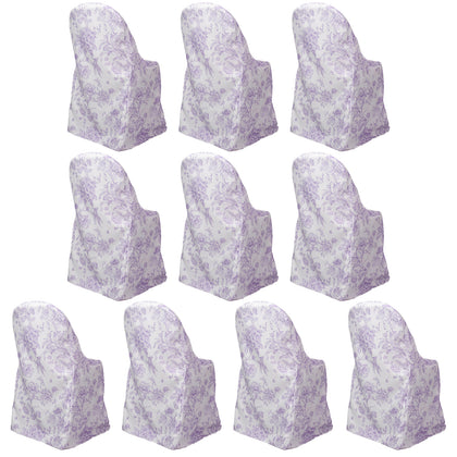 10 Pack Polyester Folding Chair Covers – White Lavender Lilac French Toile Pattern, Reusable Stain-Resistant Slip-On Slipcovers