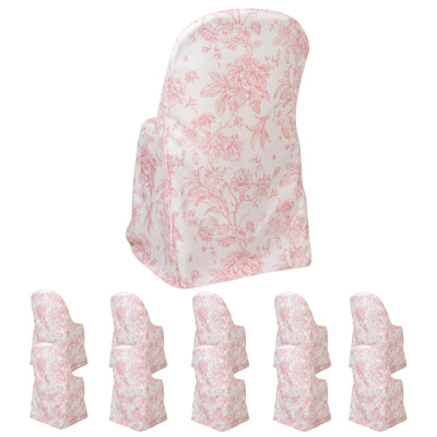 10 Pack Polyester Folding Chair Covers – White Pink French Toile Pattern, Reusable Stain-Resistant Slip-On Slipcovers