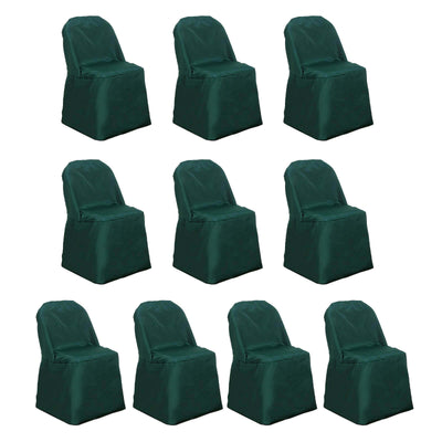 Set of 10 green chair covers on a white background