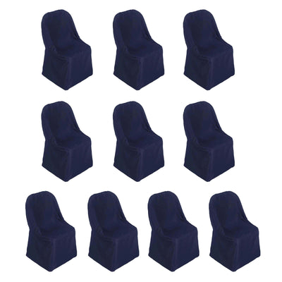 Set of 10 navy blue chair covers on a white background