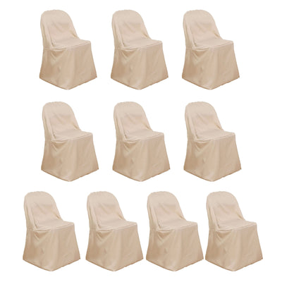Set of 10 beige dining chair covers on a white background