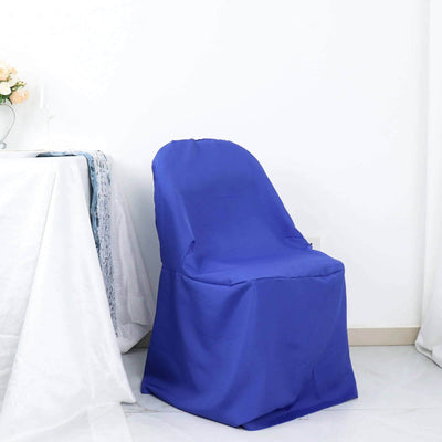 Blue chair cover on a chair against a plain white backdrop.