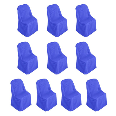 Set of 10 blue chair covers on a white background
