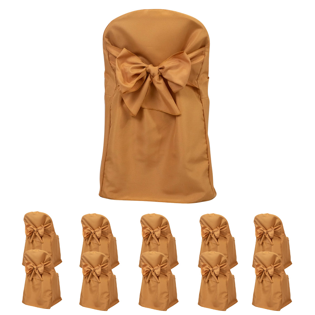 Set of 8 brown chair covers with bow design for events or weddings.