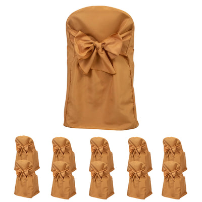 Set of 8 brown chair covers with bow design for events or weddings.