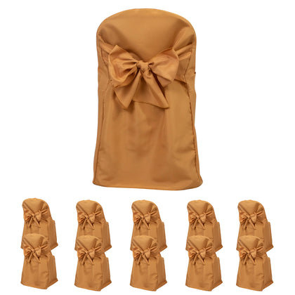 10-Pack Polyester Folding Chair Covers with Attached Sashes – Gold Durable Reusable Slip-On Covers for Wedding & Event Decor