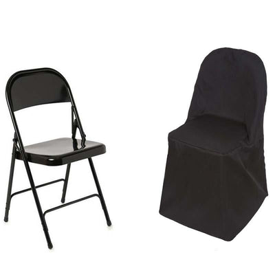 Black folding chair with slipcover on a white background