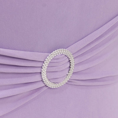 Lavender dress detail featuring a sparkling rhinestone belt buckle.