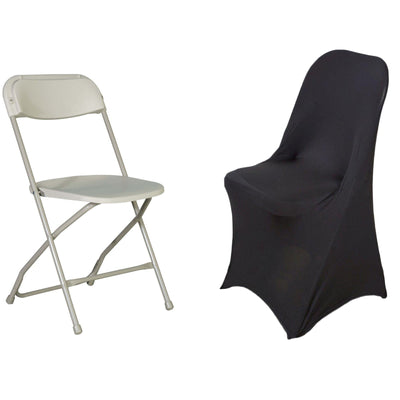 White folding chair and black chair cover on a plain background.
