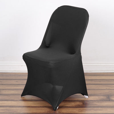 Black stretch chair cover on a plain background.