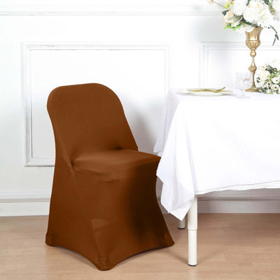 Brown stretch chair cover for elegant dining setups.