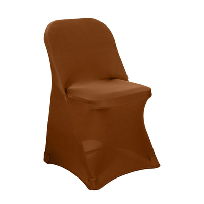 Brown stretch chair cover on a plain backdrop