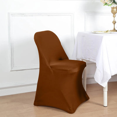 Brown fitted chair cover on a dining chair beside a table.