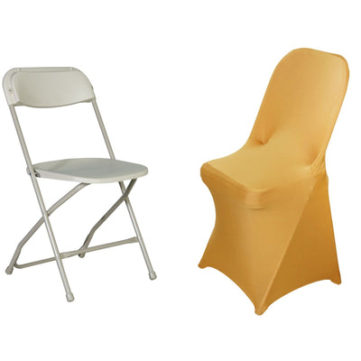 Two chairs: a folding chair and a fitted chair cover in orange.