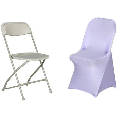 Folding chair and chair cover in white and purple on plain background.