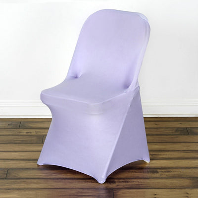 Purple stretch chair cover on a wooden floor.