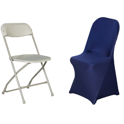 Two folding chairs: one white and one with a navy cover.
