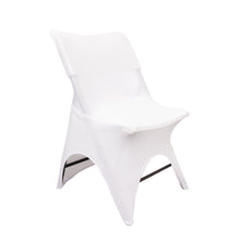 A folding spandex fitted chair cover in white color with rounded shape and 3-way open arches#whtbkgd