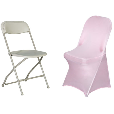 Two folding chairs: one gray metal and one pink fabric cover, isolated on white background.