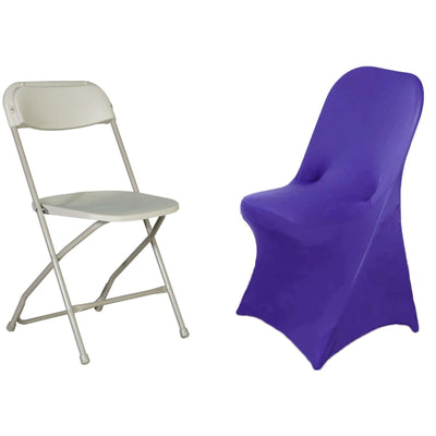 White folding chair and purple chair cover on a plain background