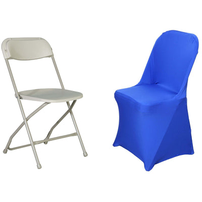 Folding chair with blue cover on a plain background