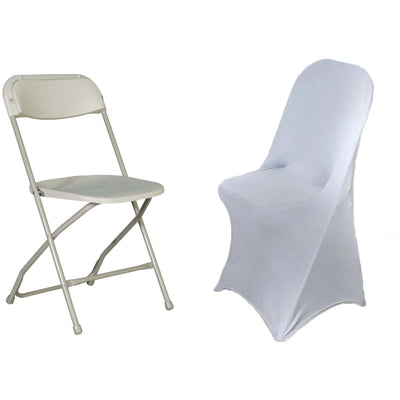 White folding chair and fitted chair cover on a plain background