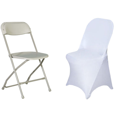 White folding chair and fitted cover chair on plain background