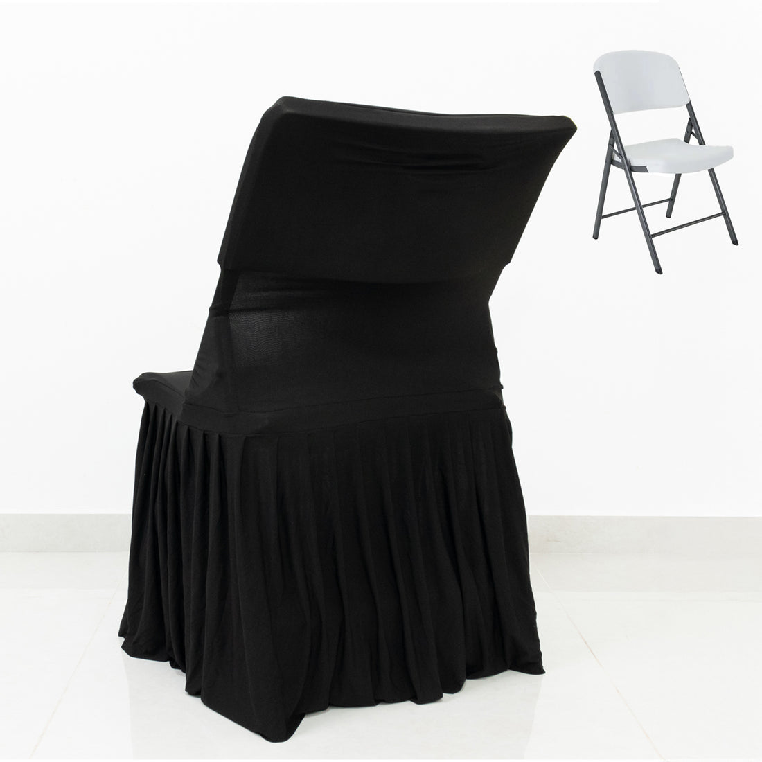 Black chair cover draped over a folding chair on a plain white background