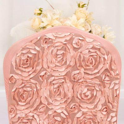Pink floral chair cover with textured rose design.