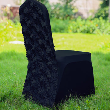 Elegant Black Satin Rosette Spandex Stretch Banquet Chair Cover