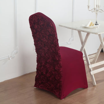 Elegant Burgundy Satin Rosette Spandex Stretch Banquet Chair Cover