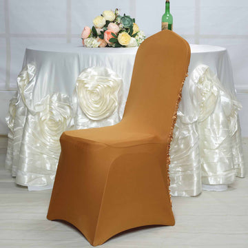 Luxurious Gold Satin Rosette Spandex Stretch Banquet Chair Cover