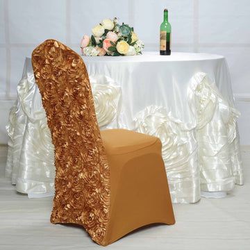 Elegant Gold Satin Rosette Spandex Stretch Banquet Chair Cover