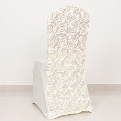 White floral patterned chair cover on a plain background.