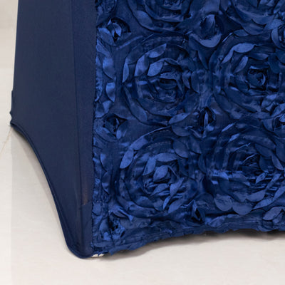 Navy blue floral table cover with textured rose design.